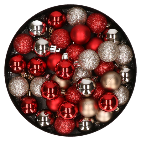 Kleine kunststof kerstversiering 40x stuks set en 3 cm kerstballen in het champagne en rood