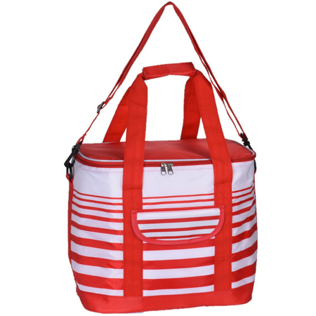 Koeltas draagtas schoudertas rood/wit gestreept 28 x 18 x 29 cm 12 liter