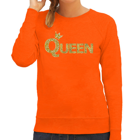 Koningsdag Queen sweater / trui oranje met gouden letters en kroon dames