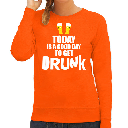 Koningsdag sweater / trui good day to get drunk oranje voor dames