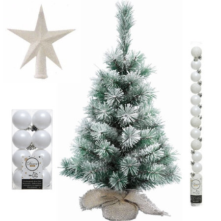 Kunst kerstboom met sneeuw 60 cm in jute zak inclusief witte versiering 31-delig