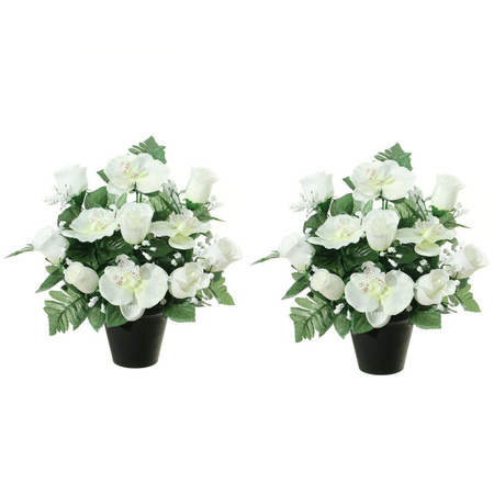 Kunstbloemen plant in pot - 2x - ivoor wit - 28 cm - Bloemenstuk ornament - rozen/bladgroen