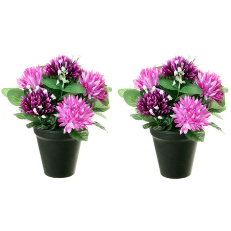 Kunstbloemen plant in pot - 2x - paars tinten - 23 cm - Bloemenstuk ornament