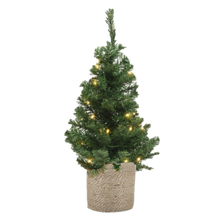 Kunstboom/kunst kerstboom groen 60 cm met verlichting en naturel jute pot 