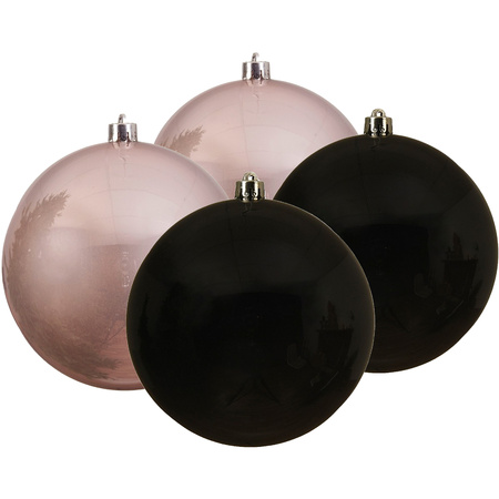 Kunststof kerstballen 4x stuks zwart en lichtroze 14 cm 