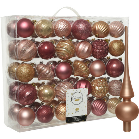 Kunststof kerstballen 60x stuks 6-7 cm met glazen matte piek roze en bruin
