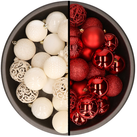 Kunststof kerstballen 74x stuks wol wit en rood 6 cm
