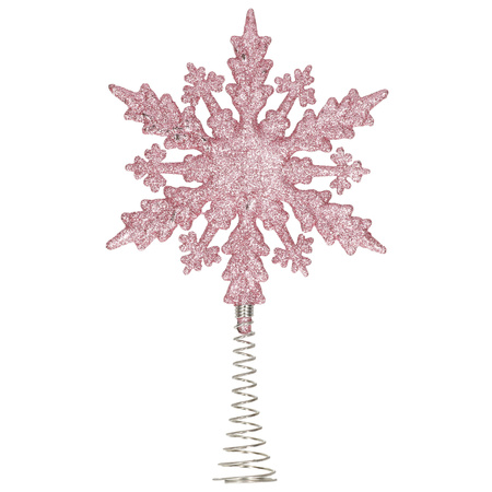 Kunststof kerstboom platte sneeuwvlok piek glitter roze 20 cm
