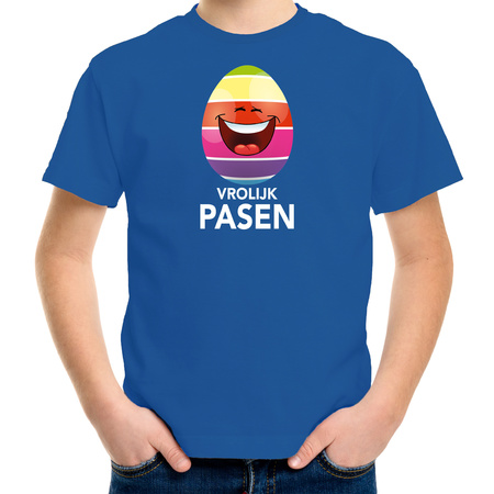 Lachend Paasei vrolijk Pasen t-shirt blauw voor kinderen - Paas kleding / outfit