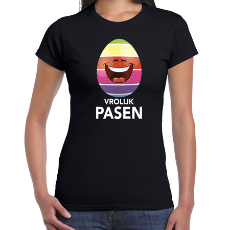 Lachend Paasei vrolijk Pasen t-shirt zwart voor dames - Paas kleding / outfit