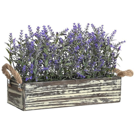 Lavendel bloemen kunstplant in houten bloempot - 2x - donkerpaarse bloemen - 30 x 12 x 21 cm