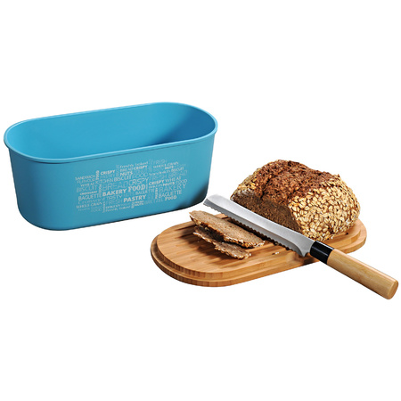 Light blue bread bin with bamboo cutting board lid 18 x 34 x 14 cm