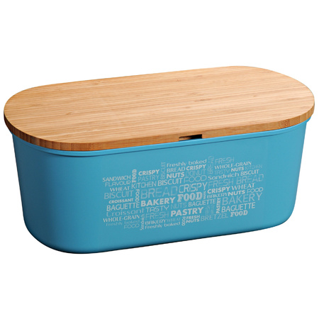 Light blue bread bin with bamboo cutting board lid 18 x 34 x 14 cm
