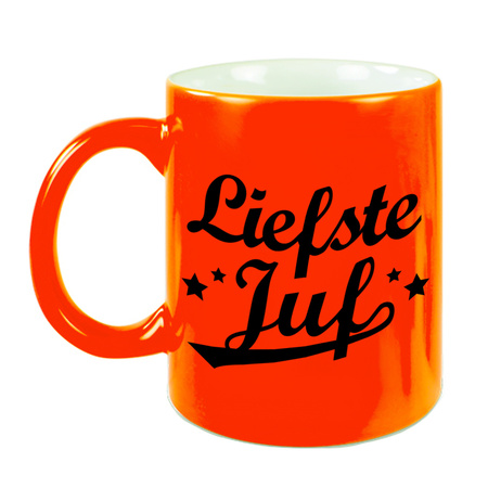Liefste juf cadeau mok / beker neon oranje 330 ml