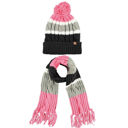 Luxe kinder winterset sjaal en muts roze/grijs