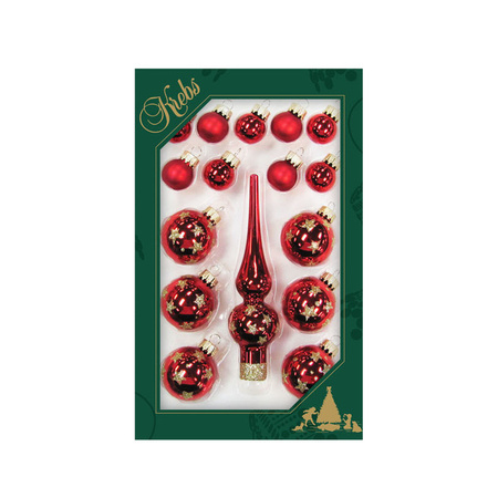 Luxe rode glazen mini kerstballen en piek set voor mini kerstboom 16-dlg