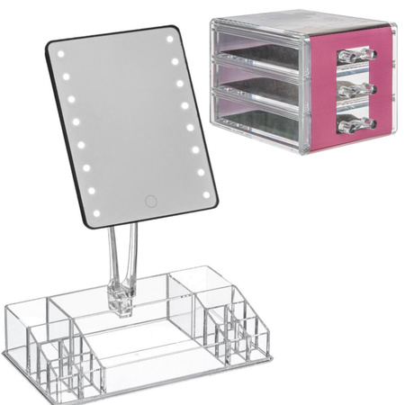 Make-up organizer set vakjes en lades 15,5 x 10,5 cm en een LED spiegel