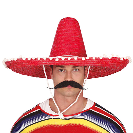 Carnaval verkleed set - Mexicaanse sombrero hoed met plaksnor - rood - heren
