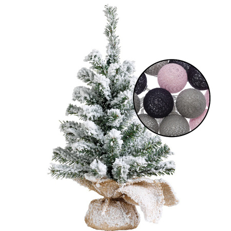 Mini kerstboom besneeuwd - incl. verlichting met bollen mix grijs/lichtroze - H45 cm