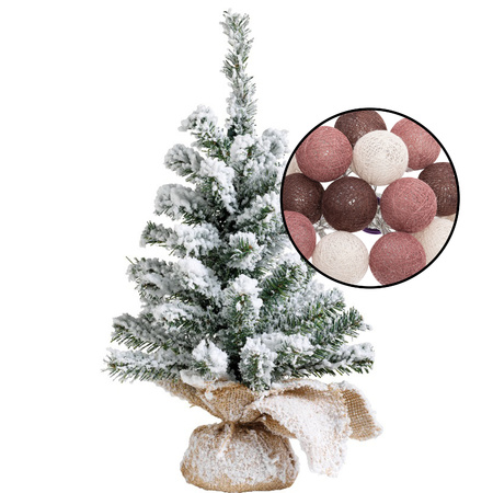 Mini kerstboom besneeuwd - incl. verlichting met bollen mix rood - H45 cm