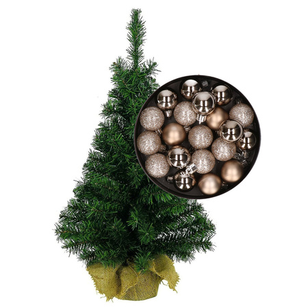 Mini kerstboom/kunst kerstboom H35 cm inclusief kerstballen champagne