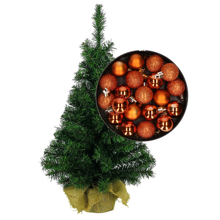 Mini kerstboom/kunst kerstboom H35 cm inclusief kerstballen oranje