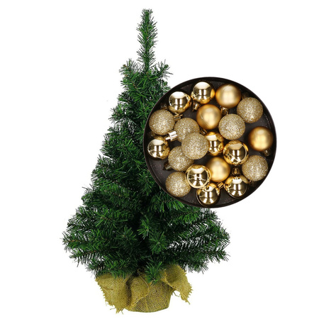 Mini kerstboom/kunst kerstboom H75 cm inclusief kerstballen goud