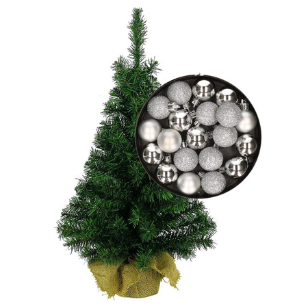 Mini christmas tree H75 cm including christmas baubles silver