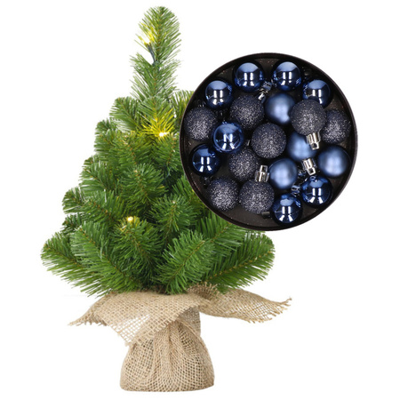 Mini kerstboom/kunstboom met verlichting 45 cm en inclusief kerstballen donkerblauw