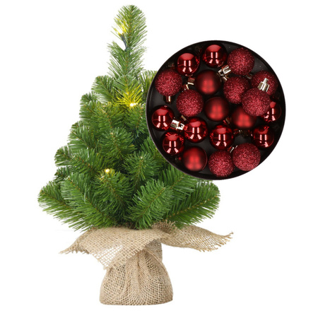 Mini kerstboom/kunstboom met verlichting 45 cm en inclusief kerstballen donkerrood