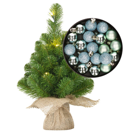 Mini kerstboom/kunstboom met verlichting 45 cm en inclusief kerstballen mintgroen