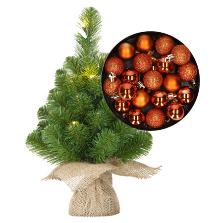 Mini kerstboom/kunstboom met verlichting 45 cm en inclusief kerstballen oranje