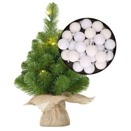 Mini kerstboom/kunstboom met verlichting 45 cm en inclusief kerstballen wit