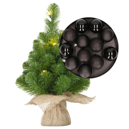 Mini kerstboom/kunstboom met verlichting 45 cm en inclusief kerstballen zwart