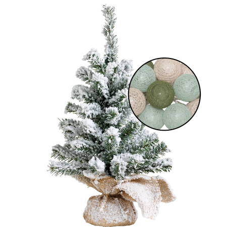 Mini kerstboom met sneeuw - incl. lichtslinger met bollen mix groen - H45 cm