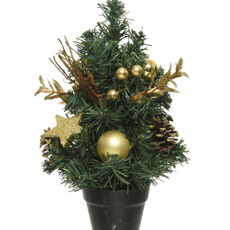 Mini kunst kerstbomen/kunstbomen met gouden versiering 30 cm