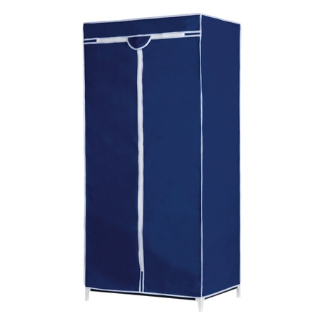 Set van mobiele opvouwbare kledingkast met blauwe hoes 160 cm en 5x plastic kledinghangers wit