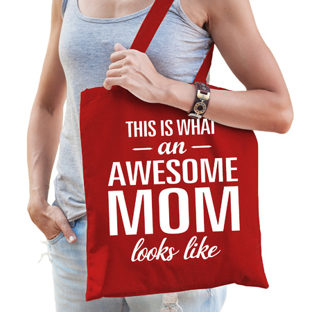 Moederdag cadeau tas - geweldige mama - rood - katoen - 42 x 38 cm