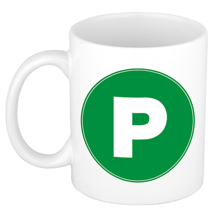 Letter P green print coffee mug / tea cup 300 ml