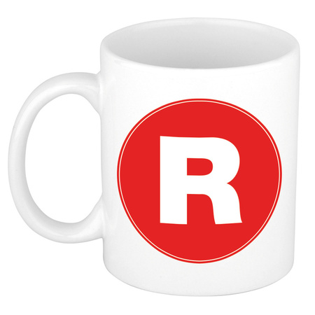 Mok / beker met de letter R rode bedrukking voor het maken van een naam / woord of team