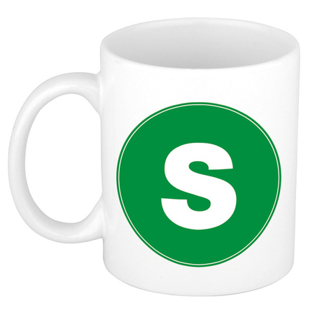 Letter S green print coffee mug / tea cup 300 ml
