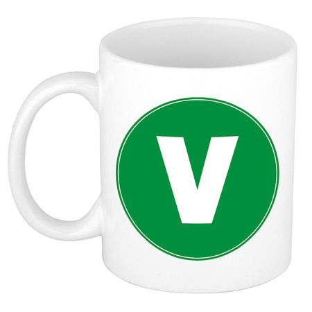 Letter V green print coffee mug / tea cup 300 ml