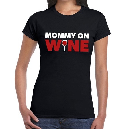 Mommy on wine tekst t-shirt zwart dames