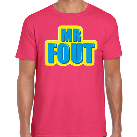 Mr. Fout fun tekst t-shirt voor heren roze met blauwe opdruk