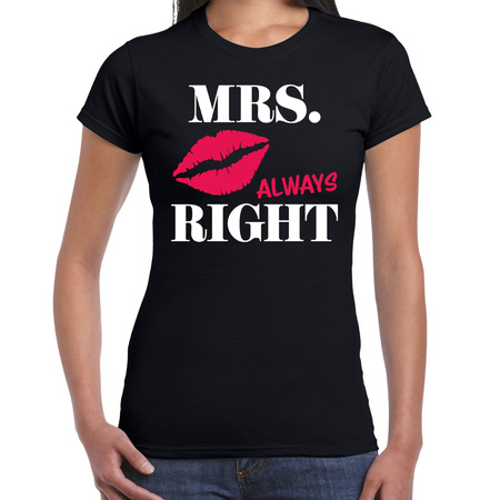 Mrs always right t-shirt zwart met roze lippen voor dames