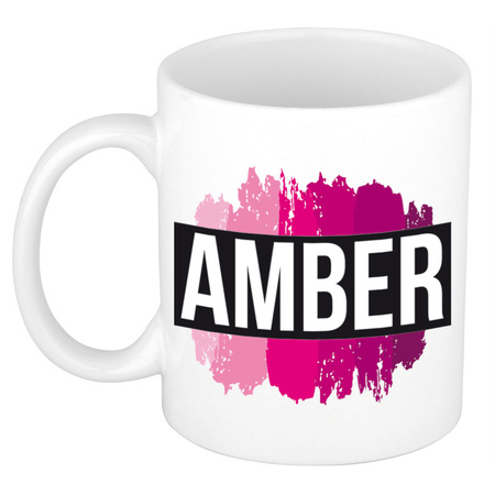 Naam cadeau mok / beker Amber  met roze verfstrepen 300 ml