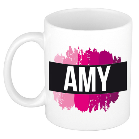 Naam cadeau mok / beker Amy  met roze verfstrepen 300 ml