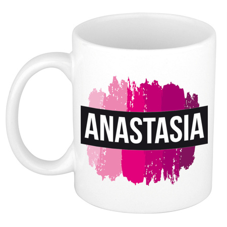 Naam cadeau mok / beker Anastasia  met roze verfstrepen 300 ml