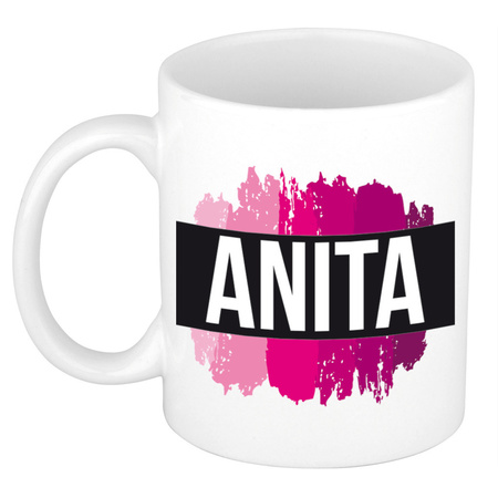 Naam cadeau mok / beker Anita  met roze verfstrepen 300 ml