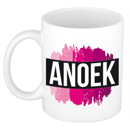 Naam cadeau mok / beker Anoek  met roze verfstrepen 300 ml